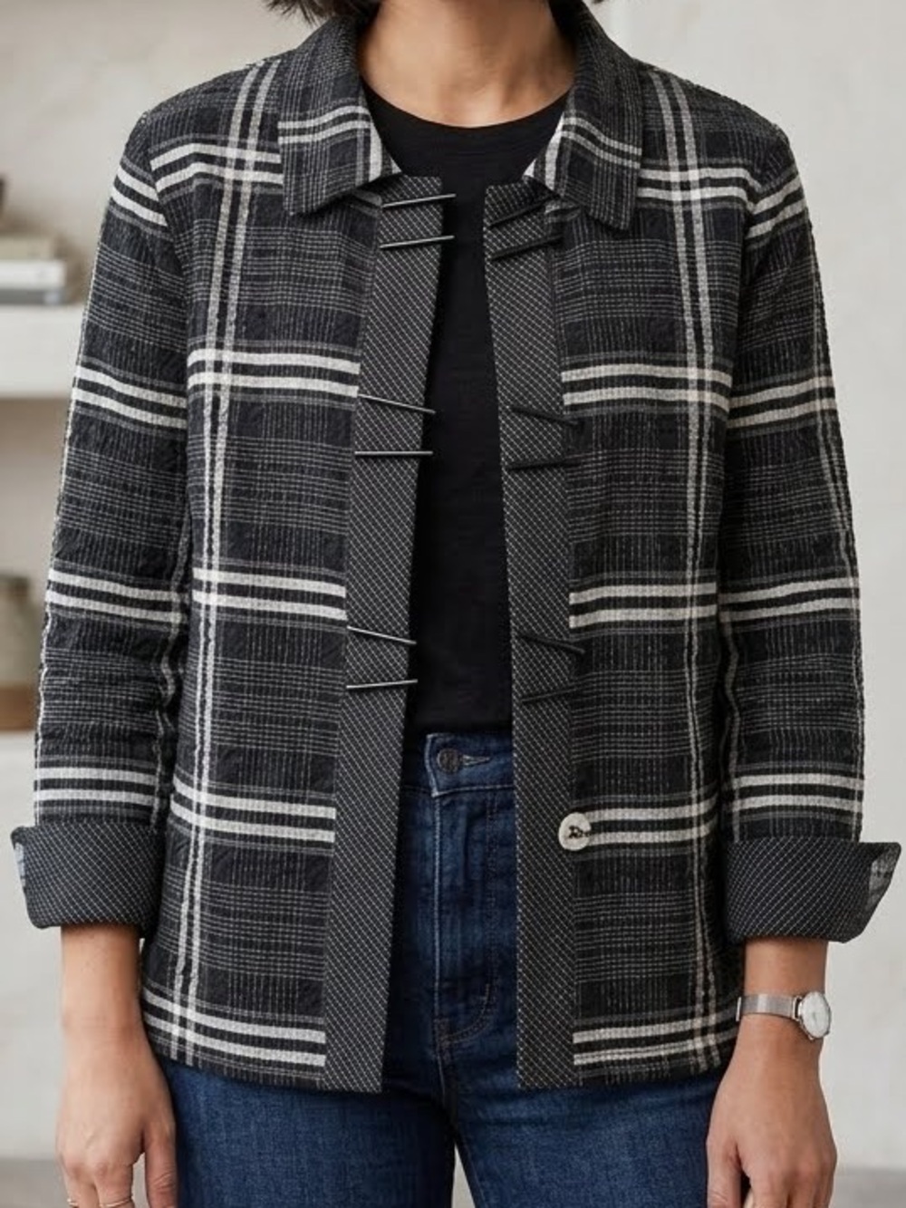 Habitat Collared Top Black White Plaid Toggle Button High Low 3/4 Cuff Sleeve L